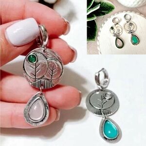 2/$30🌵 Pink & Green Stone Silver Etched Tree Earrings Huggies Jewelry Gift NEW